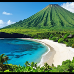 **Comoros volcanic landscape:** Rugged volcanic terrain with lush green vegetation, overlooking a turquoise ocean and white sand beach. Distant views of dormant volcanoes under a clear blue sky.
