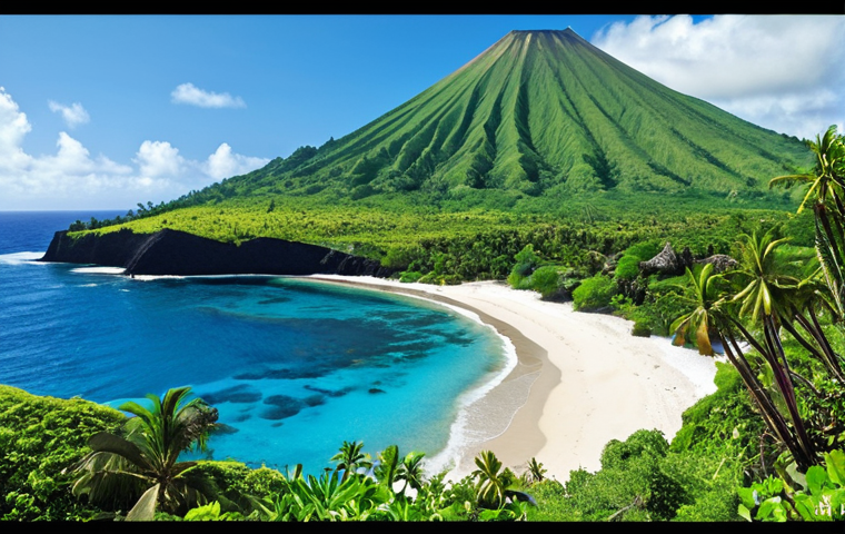 **Comoros volcanic landscape:** Rugged volcanic terrain with lush green vegetation, overlooking a turquoise ocean and white sand beach. Distant views of dormant volcanoes under a clear blue sky.