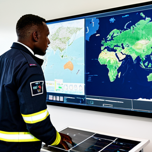 **Prompt for Technology and Preparedness:**
    A professional Comorian fire safety expert, a man, fully clothed in a professional, modest fire department uniform, standing confidently in a modern command center. He is looking intently at a large digital screen displaying a detailed map of the Comoros islands, with real-time data overlays for environmental monitoring. A modern drone is visible on a charging station nearby, suggesting advanced aerial surveillance capabilities. The expert's posture is natural and authoritative, conveying readiness and professionalism. The environment is well-lit, clean, and representative of a high-tech facility. Perfect anatomy, correct proportions, well-formed hands, proper finger count, natural body proportions. Safe for work, appropriate content, fully clothed, professional, high-quality photograph.