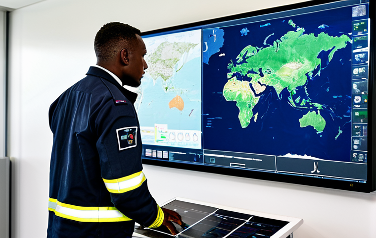 **Prompt for Technology and Preparedness:**
    A professional Comorian fire safety expert, a man, fully clothed in a professional, modest fire department uniform, standing confidently in a modern command center. He is looking intently at a large digital screen displaying a detailed map of the Comoros islands, with real-time data overlays for environmental monitoring. A modern drone is visible on a charging station nearby, suggesting advanced aerial surveillance capabilities. The expert's posture is natural and authoritative, conveying readiness and professionalism. The environment is well-lit, clean, and representative of a high-tech facility. Perfect anatomy, correct proportions, well-formed hands, proper finger count, natural body proportions. Safe for work, appropriate content, fully clothed, professional, high-quality photograph.