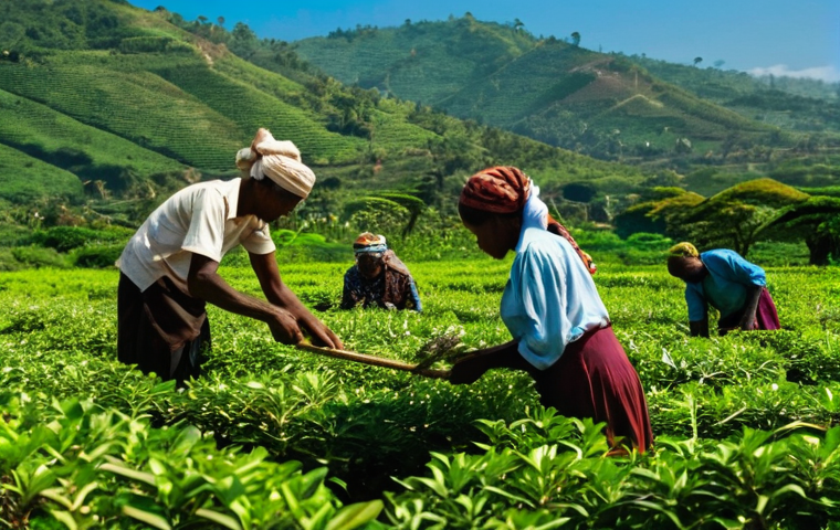 코모로 농업 경제와 클로브 산업 - **Prompt:** A group of resilient Comorian clove farmers, consisting of men and women, diligently han...