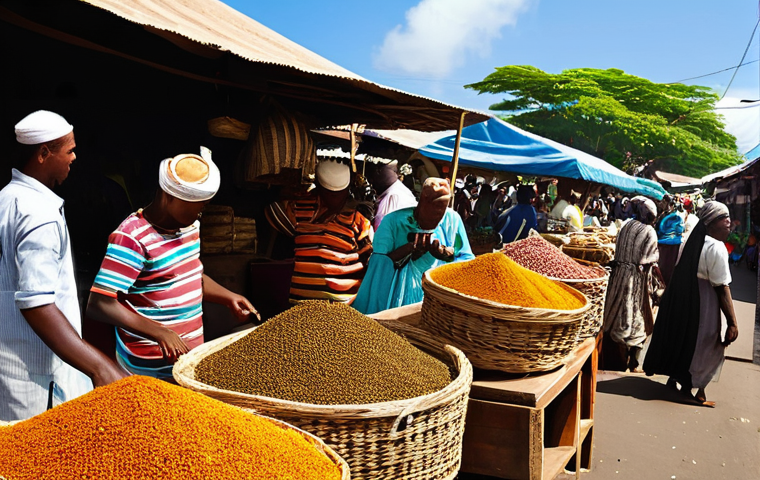 코모로 농업 경제와 클로브 산업 - **Prompt:** A group of resilient Comorian clove farmers, consisting of men and women, diligently han...