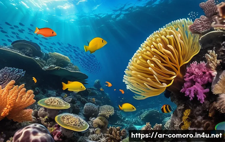 코모로 그랑드 코모르 섬 인기 명소 - A vibrant underwater scene near the coast of Moh&eacute;li in Grand Comore, showcasing a diverse coral reef...