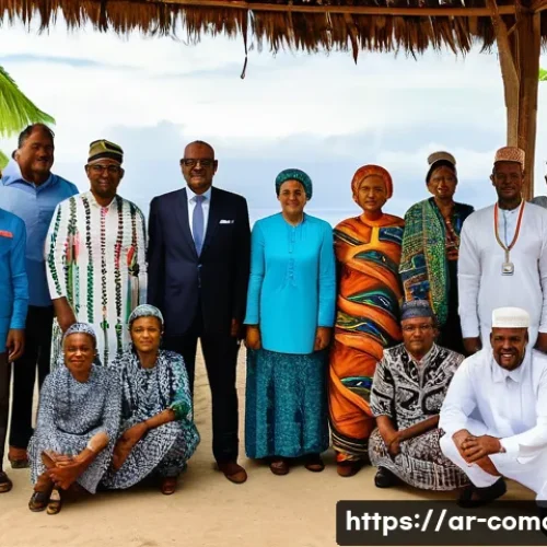 코모로 내부 정치 갈등 사례 - A vibrant political meeting scene in the Comoros Islands, featuring diverse leaders and community me...