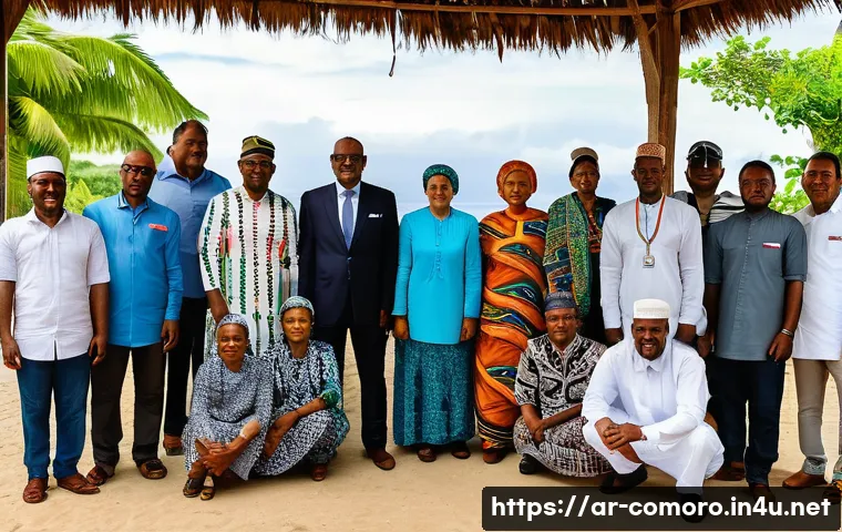 코모로 내부 정치 갈등 사례 - A vibrant political meeting scene in the Comoros Islands, featuring diverse leaders and community me...
