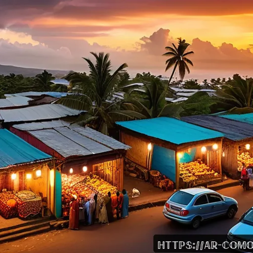 코모로 이슬람 전통과 현대화 - A vibrant street scene in the Comoros Islands during Ramadan evening, showing diverse people&mdash;men and...
