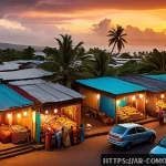 코모로 이슬람 전통과 현대화 - A vibrant street scene in the Comoros Islands during Ramadan evening, showing diverse people&mdash;men and...