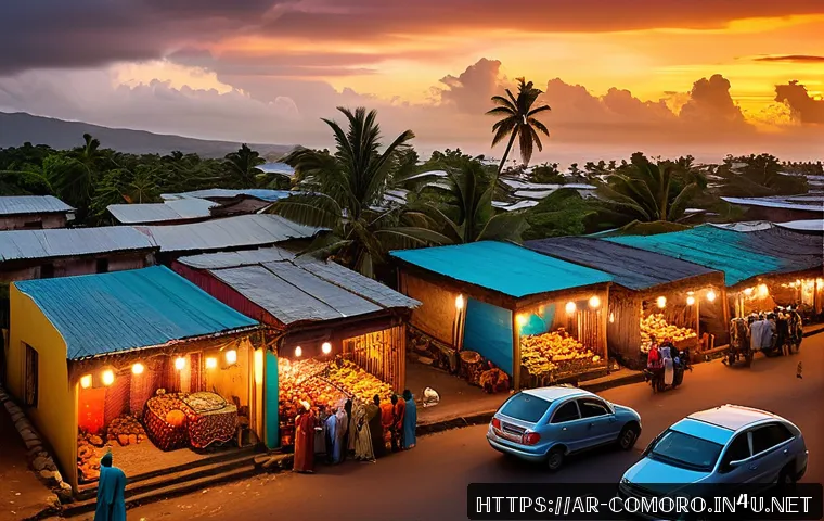 코모로 이슬람 전통과 현대화 - A vibrant street scene in the Comoros Islands during Ramadan evening, showing diverse people&mdash;men and...