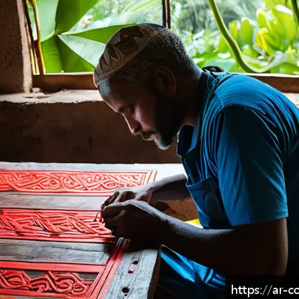 코모로 예술 작품과 공예품 - A vibrant artisan workshop in the Comoros Islands, featuring skilled local craftsmen carving intrica...