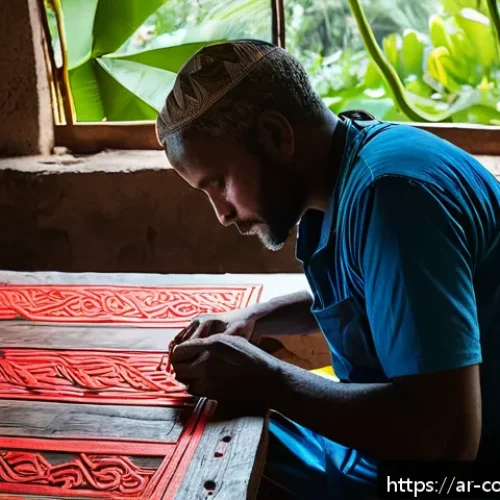 코모로 예술 작품과 공예품 - A vibrant artisan workshop in the Comoros Islands, featuring skilled local craftsmen carving intrica...