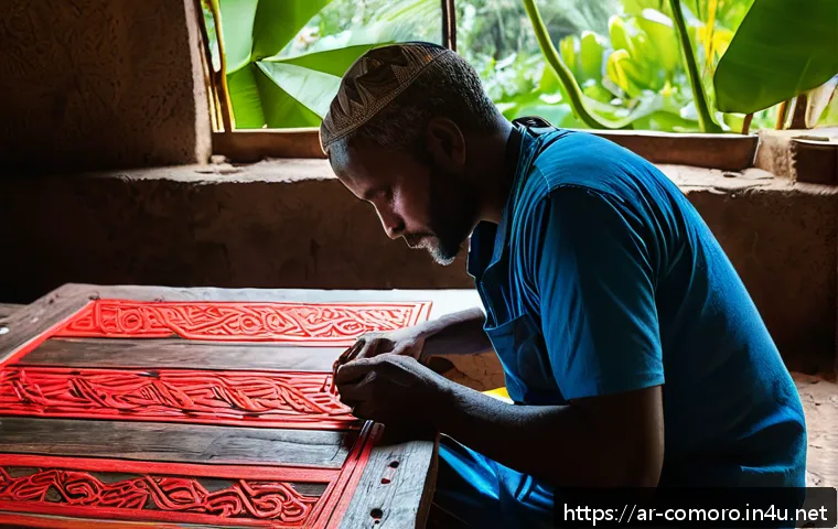 코모로 예술 작품과 공예품 - A vibrant artisan workshop in the Comoros Islands, featuring skilled local craftsmen carving intrica...