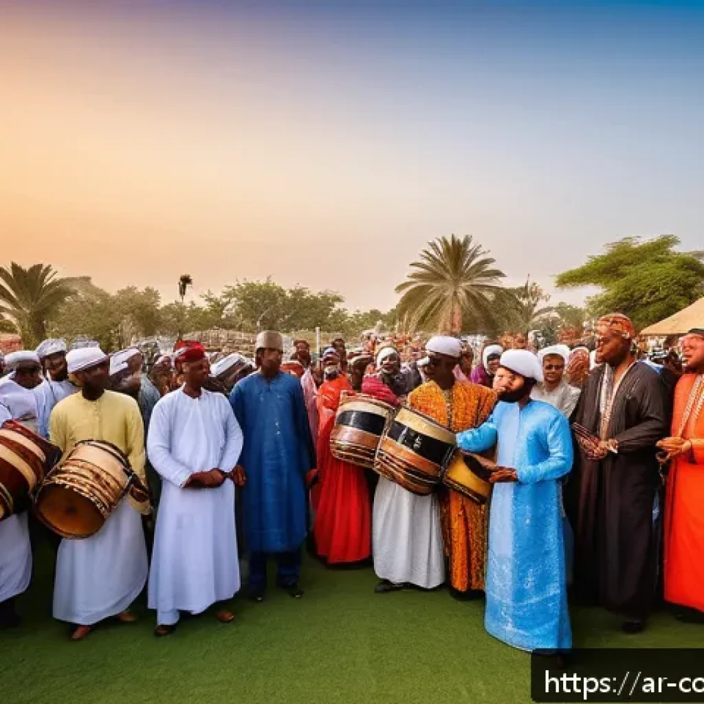 코모로 전통 음악과 춤 - A vibrant traditional Comorian wedding scene featuring musicians playing handcrafted wooden and leat...