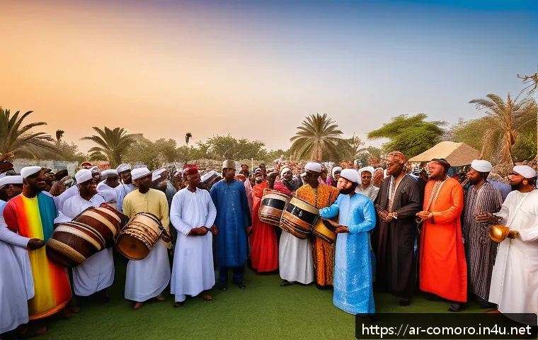 코모로 전통 음악과 춤 - A vibrant traditional Comorian wedding scene featuring musicians playing handcrafted wooden and leat...