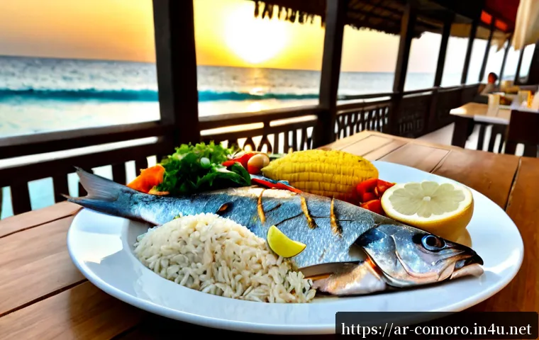 코모로 해산물 요리 맛집 - Photorealistic coastal seafood restaurant in Moroni, Comoros, a beautifully plated grilled whole fis...