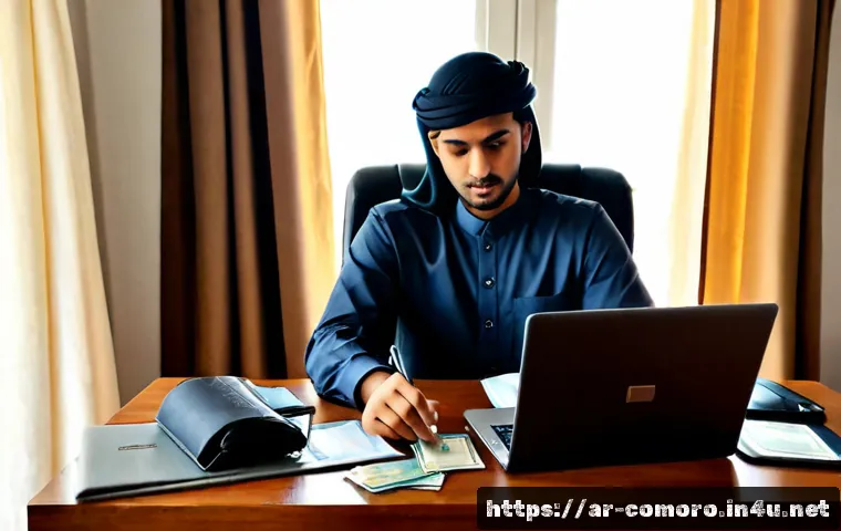 코모로 항공편 예약 팁 - Photorealistic Arab traveler planning a Comoros island flight at a tidy home desk, modest smart-casu...