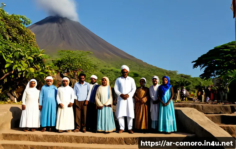 코모로 독립 운동 역사 - Photorealistic historical reenactment of a peaceful Comorian independence gathering in a sunlit vill...